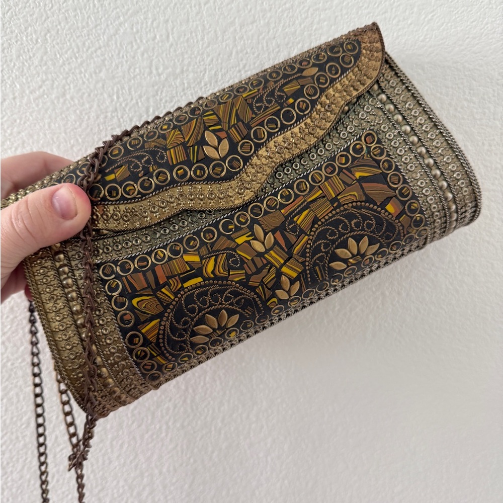 Brown & Gold Indian Handicraft Metal Clutch – Boho Chic Statement Bag